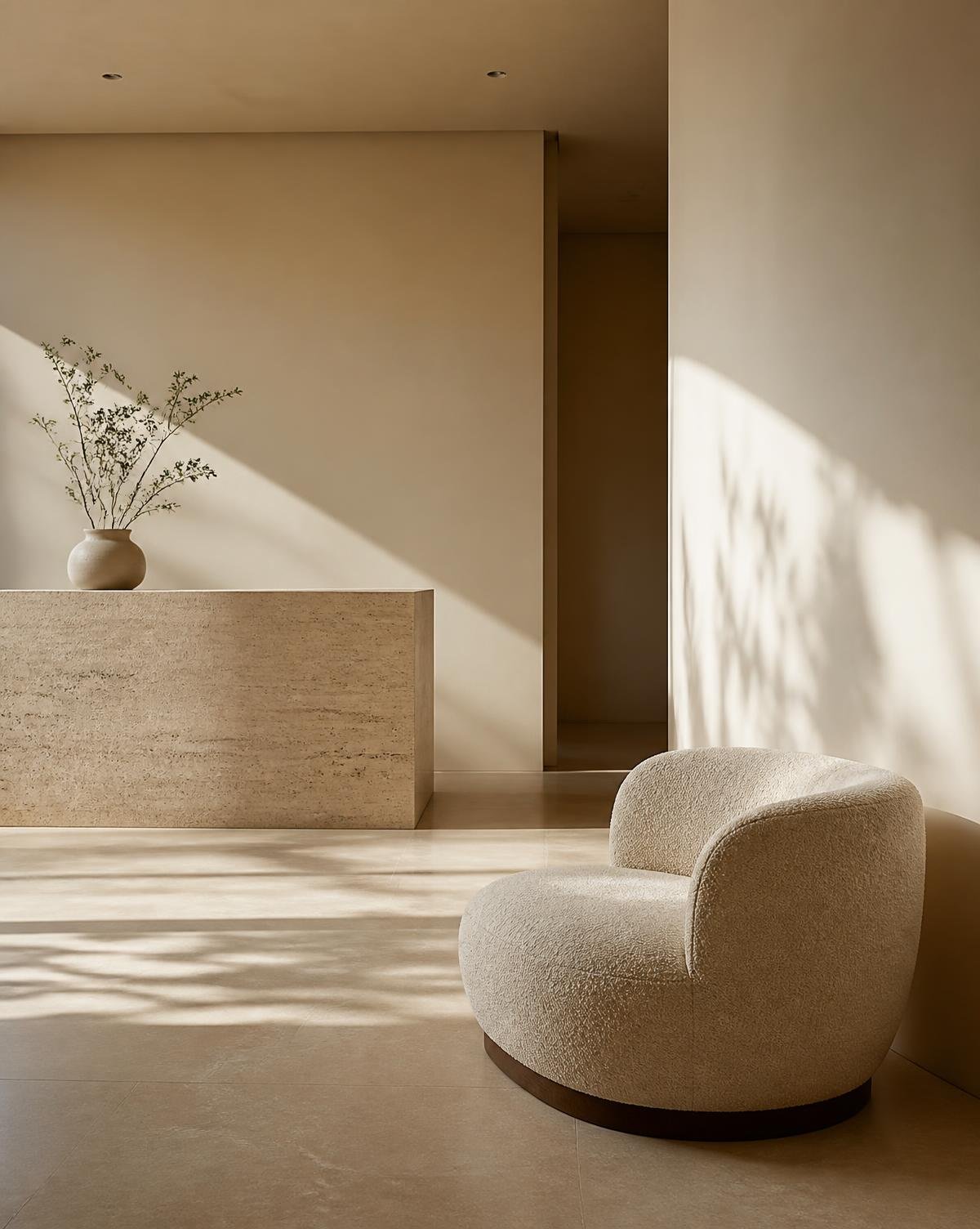 Interior minimalista da clínica com luz natural e travertino